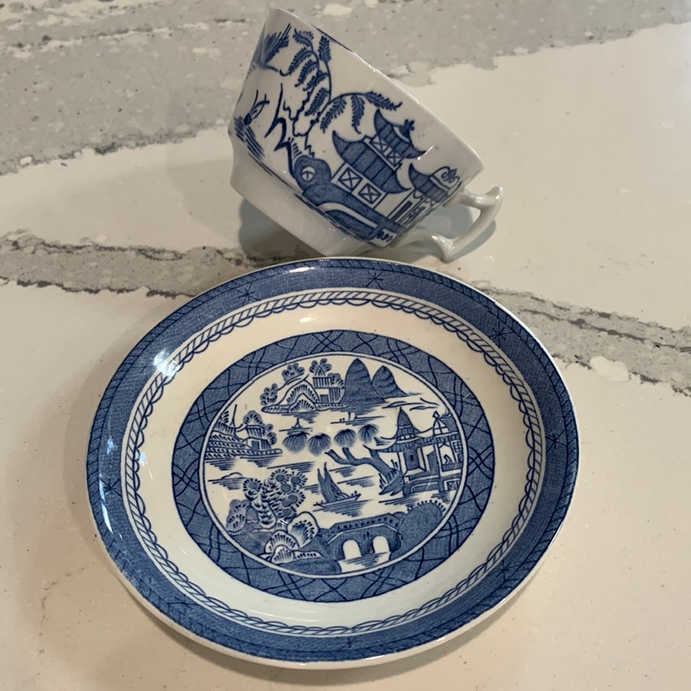Vintage Woods Ware Canton Tea Cup & Saucer England Blue Pagoda